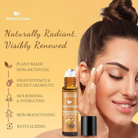 Frankincense and Castor Essential Oil Roll On, 100% Pure and Natural Castor Oil & Frankincense for Face, Deep Hydration, Wrinkles, Dark Circles Under Eye Roller Ball, 10ml