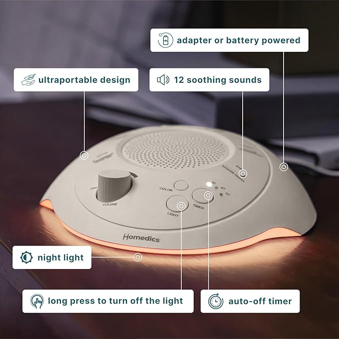 Homedics Premium Sleep Better Portable Sound Machine, Night Light,12 Soothing Sounds Including White Noise, Rain, and Thunderstorm, Ultra-Portable Design, Auto-Off Timer,for Travel & Baby Sleep, Cream