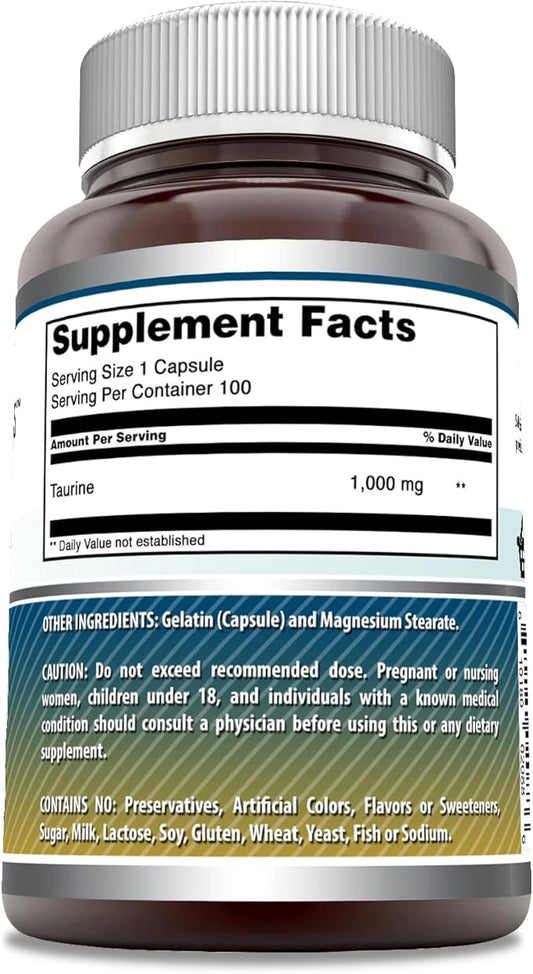 Amazing Formulas Taurine Amino Acid Supplement | 1000 Mg per Serving | 100 Capsules | Non-GMO | Gluten-Free | Made in USA