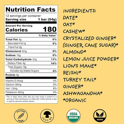 Wise Bar Adaptogen Mushroom Nutrition Bars | Lemon Ginger Flavor | 12 Count | Functional Mushrooms and Adaptogens Bar | Organic Nutrition Energy Bars, Vegan, Gluten Free
