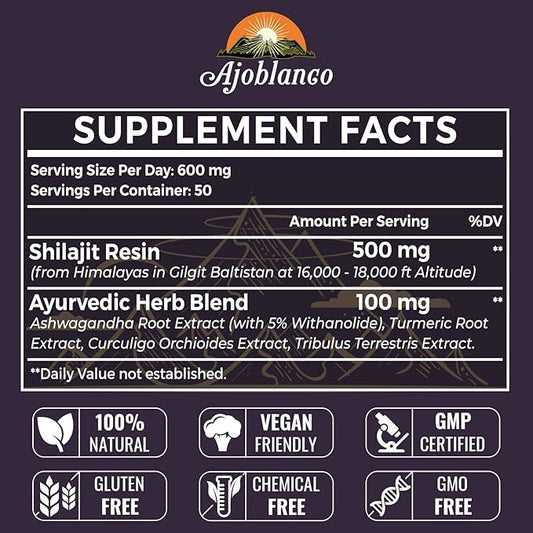 Ajoblanco 600mg Shilajit Pure Himalayan Organic Shilajit Resin - Himalayan Shilajit Resin with Organic Ayurvedic Blend in High Potency for Energy, Strength & Immunity, Pack of 3