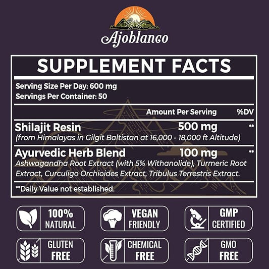 Ajoblanco 600mg Shilajit Pure Himalayan Organic Shilajit Resin - Himalayan Shilajit Resin with Organic Ayurvedic Blend in High Potency for Energy, Strength & Immunity, Pack of 4