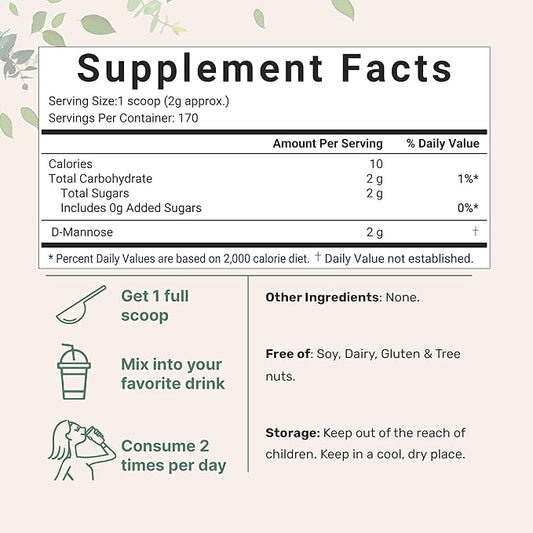 Micro Ingredients D Mannose Powder, Pure Mannose Supplement, Quick Water Soluble, Support Urinary Tract Cleanse & Bladder Health, Premium Mannose for Women and Men, Vegan Friendly.