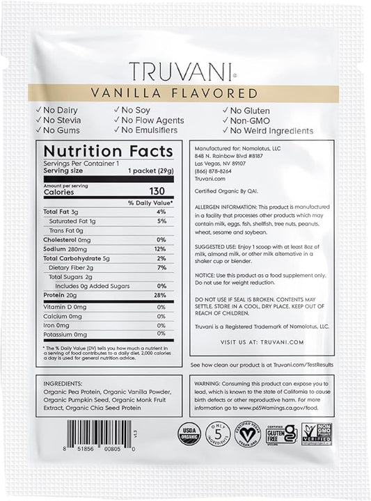 Truvani Vegan Pea Protein Powder | Vanilla | 20g Organic Plant Based Protein | 1 Serving | Keto | Gluten & Dairy Free | Low Carb | No Added Sugar