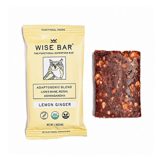 Wise Bar Adaptogen Mushroom Nutrition Bars | Lemon Ginger Flavor | 12 Count | Functional Mushrooms and Adaptogens Bar | Organic Nutrition Energy Bars, Vegan, Gluten Free
