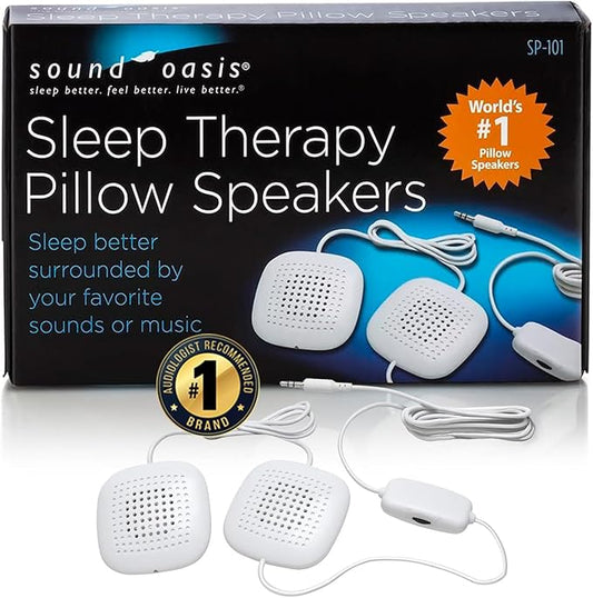 Sound Oasis Pillow Speakers, 2 UltraThin Stereo Speakers, Volume Control, Surround Sound for Music, Sleep, Tinnitus Masking, Connect to External Sound Source with 1/8" 3.5mm Headphone Jack Plug, White