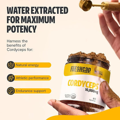 FreshCap Cordyceps Mushroom Powder 10,000mg - Cordyceps Powder, Cordyceps Mushroom Supplement Powder, Mushroom Extract Immunity Supplement, Ayurveda Nootropic Mushroom Supplements (60 Servings)