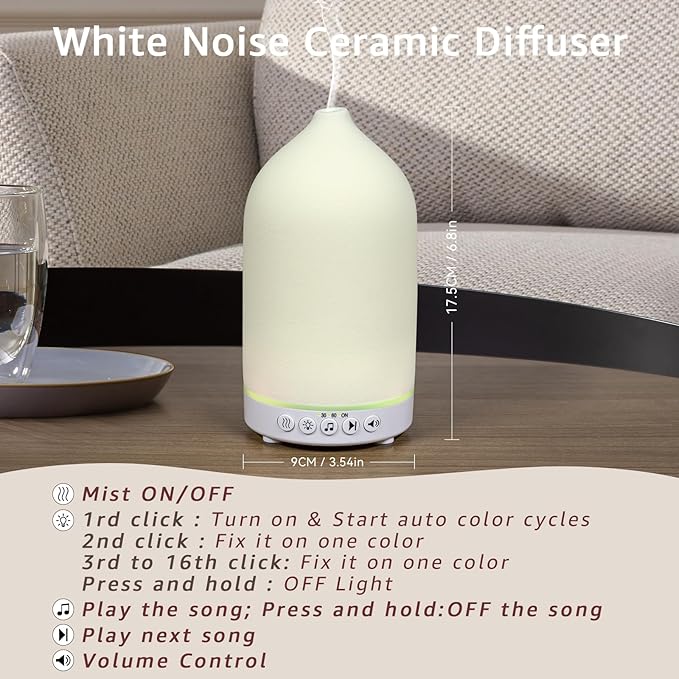 200ML White Noise Ceramic Diffuser,Sleep Sound Machine with 20 Natural Soothing Sounds, 7 Color Lights,Essential Oil Diffuser, Timer for Baby, Kids, Adults, Office, Home(White Grain)
