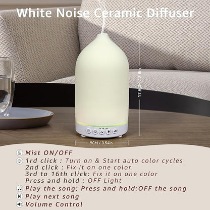 200ML White Noise Ceramic Diffuser,Sleep Sound Machine with 20 Natural Soothing Sounds, 7 Color Lights,Essential Oil Diffuser, Timer for Baby, Kids, Adults, Office, Home(White Grain)