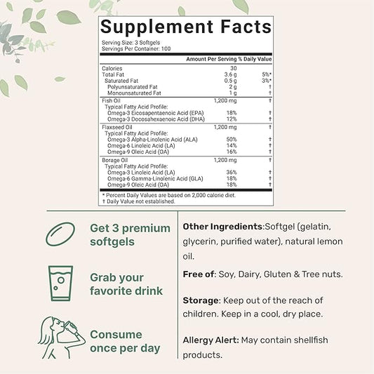 Ultra Omega 3-6-9 3600mg Perserv, 300 Burpless Softgels | Lemon Flavor â Blend of Fish, Flaxseed, Borage Oils | Bioavailable Source, Non-GMO, No Gluten, Mercury Free