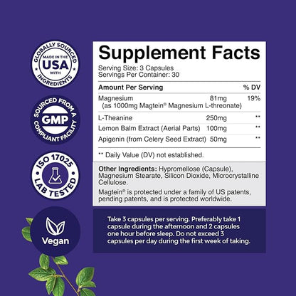 High Absorption Magnesium Sleep Supplement - Rest Support Magnesium Threonate Apigenin Theanine for Sleep and Rest for Women & Men - Mg Threonate Melatonin Free Sleeping Aid - 90 Capsules