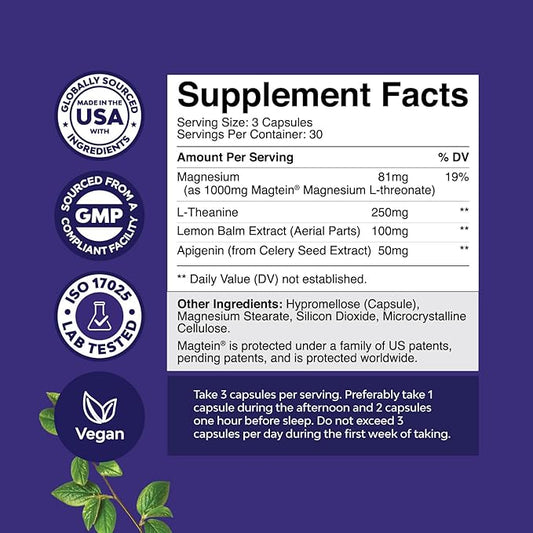 High Absorption Magnesium Sleep Supplement - Rest Support Magnesium Threonate Apigenin Theanine for Sleep and Rest for Women & Men - Mg Threonate Melatonin Free Sleeping Aid - 90 Capsules