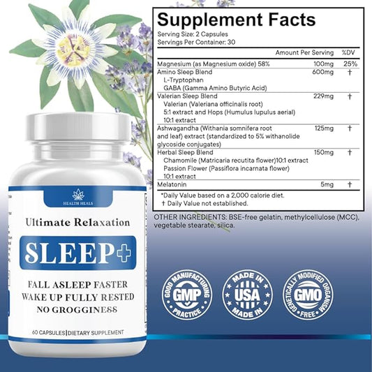 Relaxation Sleep Aid, Natural Non-Habit Forming, Sleep Supplement Developed to Support for Longer & Better Sleep, Chamomile, Magnesium, Melatonin, Ashwagandha, GABA, Drug-Free (60 Count)