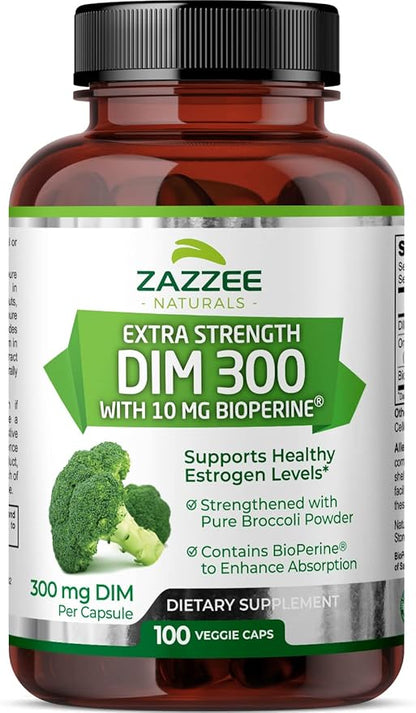Zazzee Extra Strength DIM 300, 10 mg BioPerine and 300 mg DIM per Capsule, 100 Vegan Capsules, 3+ Month Supply, Plus Pure Organic Broccoli Extract, 100% Vegetarian, All-Natural and Non-GMO