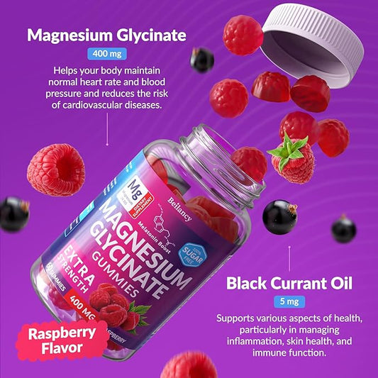 Magnesium Glycinate Gummies 400mg, Magnesium for SlÐµep, Body Support and Relaxation, Raspberry Magnesium Gummies for Adults with Blackcurrant Oil, Sugar Free, Non GMO, Gluten Free, 60 Days Supply