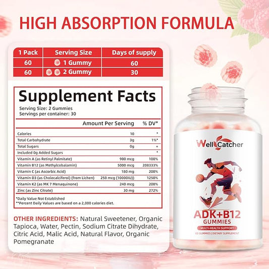 Vitamin ADK+B12 Gummies Sugar Free with Vitamin D3 K2 B12 K2 (MK-7) Chewable Vegan Multivitamin Supplement for Men Women Bone Brain Immune Skin Eye Heart 60 Counts Raspberry Flavored 2 Packs
