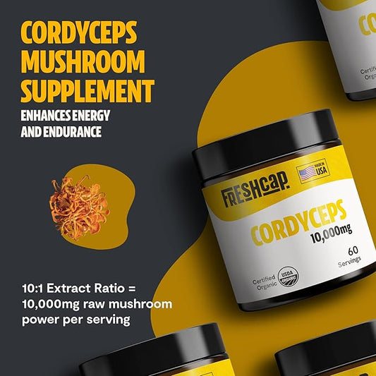 FreshCap Cordyceps Mushroom Powder 10,000mg - Cordyceps Powder, Cordyceps Mushroom Supplement Powder, Mushroom Extract Immunity Supplement, Ayurveda Nootropic Mushroom Supplements (60 Servings)