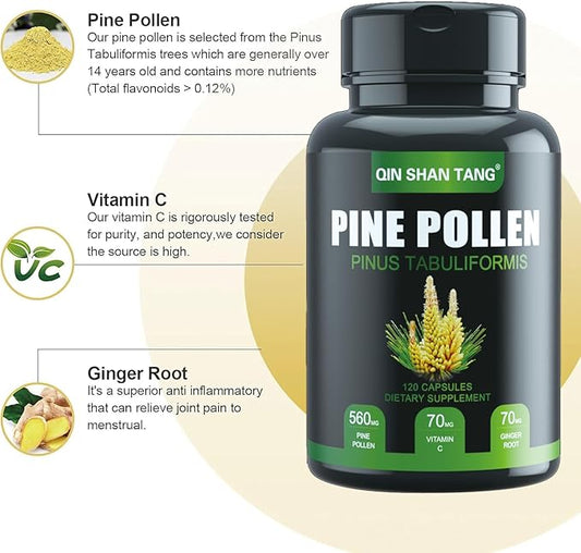 Pine Pollen Supplement wtih Ginger Root and Vitamin C, 99% Cracked Cell Wall,120 Veggie Capsules，Focus＆Immune Improve