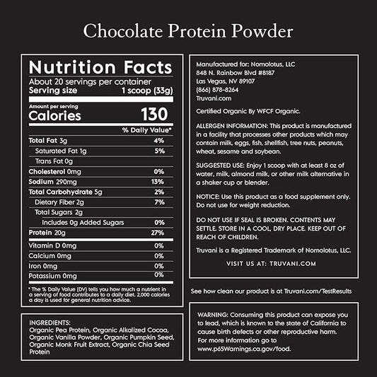 Truvani Vegan Pea Protein Powder | Chocolate | 20g Organic Plant Based Protein | 20 Servings | Keto | Gluten & Dairy Free | Low Carb | No Added Sugar