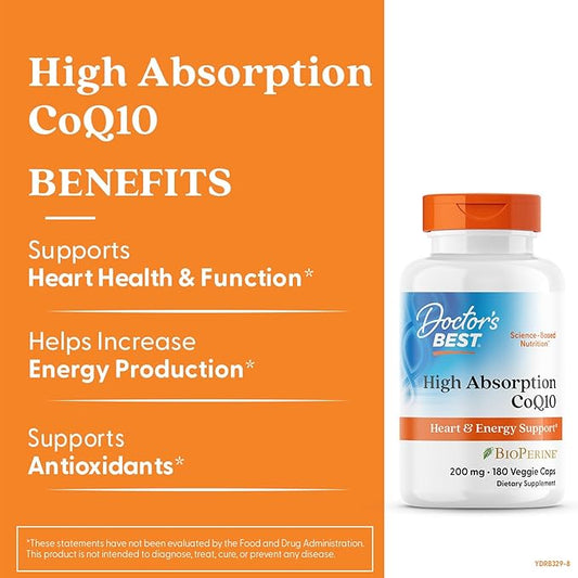 Doctor's Best High Absorption CoQ10 with BioPerine, Heart Health and Energy Production, Naturally Fermented, Non-GMO, Gluten & Soy Free, Vegan, 200 mg, Veggie Caps