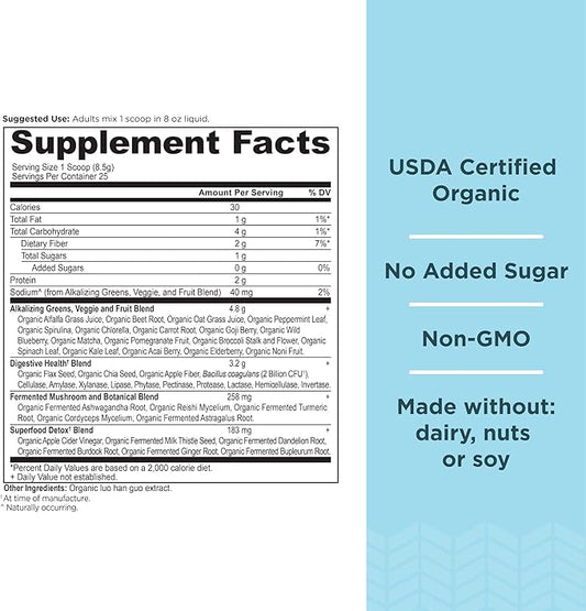 Supergreens Alkalize & Detox Powder by Ancient Nutrition, Organic Superfood Powder Made from Real Fruits, Vegetables and Herbs, for Digestive and Energy Support, 25 Servings, 7.5oz