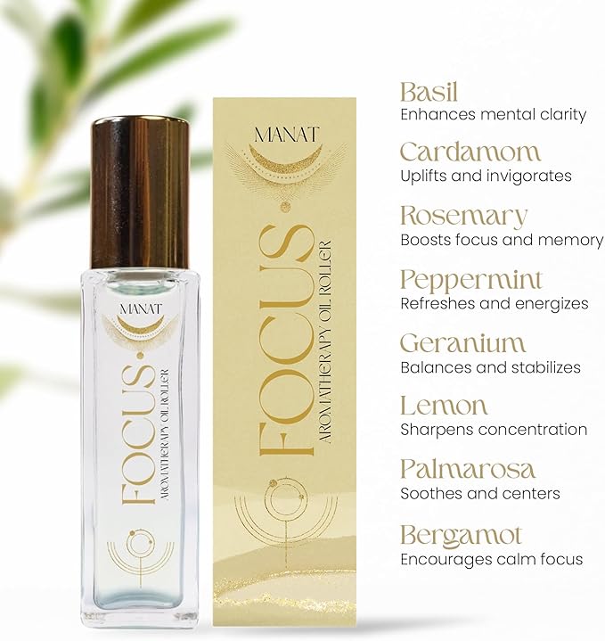 Focus Essential Oil Roll On –100% Natural Aromatherapy – 10ml Glass Roller Ball – Focus, Productivity & Mental Clarity Blend w/Peppermint, Rosemary & Bergamot - Work, Study, Self Care, Gift