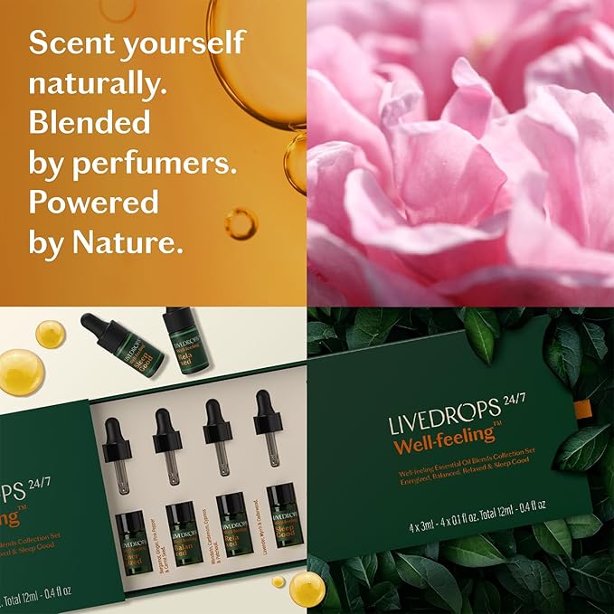 LIVEDROPS 24/7 Essential Oil Gift Set 4 mini Aromatherapy Blends for Energy, Sleep, Relax Natural Oils for Diffuser or Skin Crafted in France by Perfumers Wellness Gift