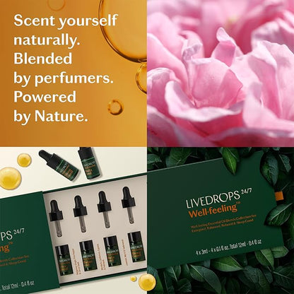LIVEDROPS 24/7 Essential Oil Gift Set 4 mini Aromatherapy Blends for Energy, Sleep, Relax Natural Oils for Diffuser or Skin Crafted in France by Perfumers Wellness Gift