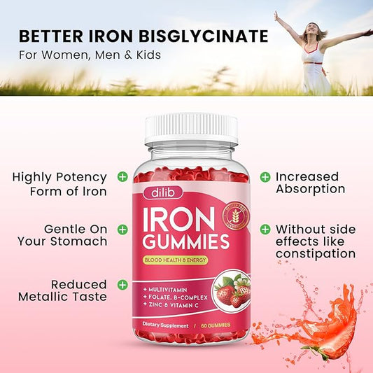 2 Pack Iron Gummies with Multivitamin, Iron Supplement for Women & Men with Zinc, Vitamin B Complex & C, B12, Folate - Blood Builder & Energy Support for Adults & Kids - Strawberry Flavor, Vegan 120ct