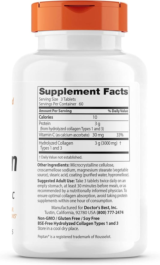 Doctor's Best Collagen Types 1 & 3 with Peptan, Non-GMO, Gluten Free, Soy Free, Supports Hair, Skin, Nails, Tendons & Bones, 1000 mg, 180 Tablets
