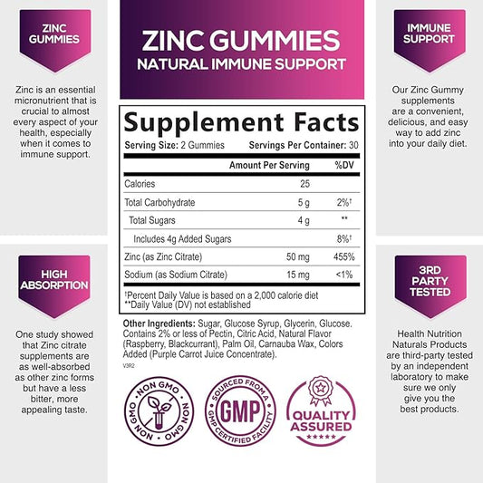 Zinc Gummy for Adults 50mg, Max Strength Bone, Skin & Immune Support Zinc Gummies, Vegan, Non-GMO & Gluten Free, Immune Health Support, Natureâs Antioxidant Chewable Zinc Vitamins - 60 Gummies