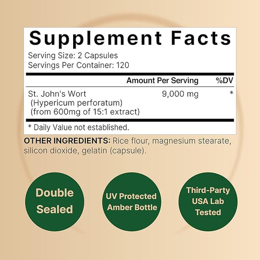 NatureBell St Johns Wort 9,000mg Per Serving, 240 Capsules | 15:1 Herbal Extract, North American Harvest, Rich in Hypericin â Positive Mood Support Supplement â St. Johnâs Wort â Non-GMO