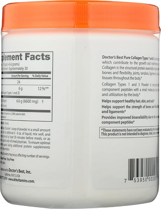 Doctor's Best Pure Collagen Types 1 & 3, Promotes Healthy Skin Hair & Nails – Bone & Joint Support, 7.1 Ounce (Pack of 1)