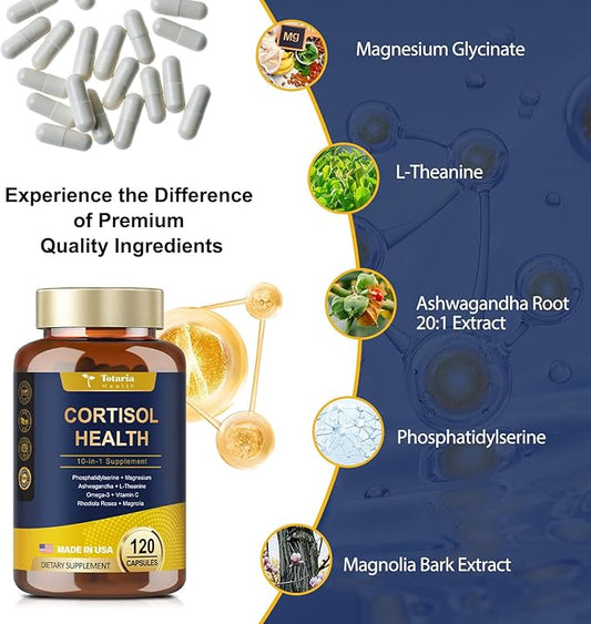 Cortisol Supplement with Ashwagandha,Magnesium,Rhodiola Rosea,L Theanine,Hormone Balance for Women Mood, Focus, Sleep Support 120 Vegan Capsules (Pack of 1)
