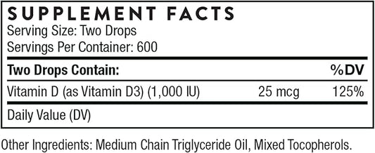 THORNE Vitamin D Liquid - Vitamin D Supplement - Supports Healthy Bones and Muscles, Cardiovascular Health, and Immune Function* - 1 Fl Oz (30 ml)- 600 Servings