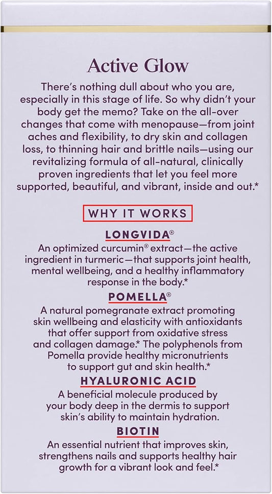 Womaness Active Glow Hair Skin and Nails Vitamins - Biotin, Longvida Curcumin & Hyaluronic Acid Supplements for Joint Health, Dry Skin & Thinning Hair (30 Capsules)
