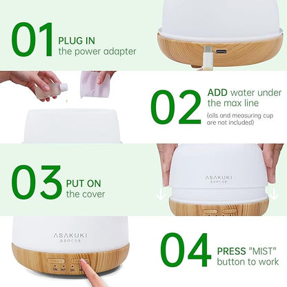 ASAKUKI Essential Oil Diffuser, Ultrasonic Aromatherapy Oil Humidifier with 7 Colors Lights 2 Mist Mode for Home