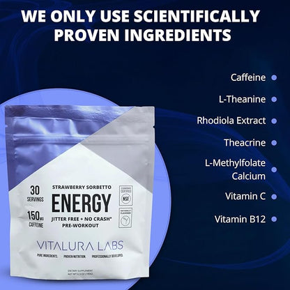Vitalura Labs Pre-Workout Powder - Caffeine, Theacrine, Rhodiola & L-Theanine for Energy & Endurance - NSF Content Certified - Strawberry Sorbetto Flavored - 30 Servings
