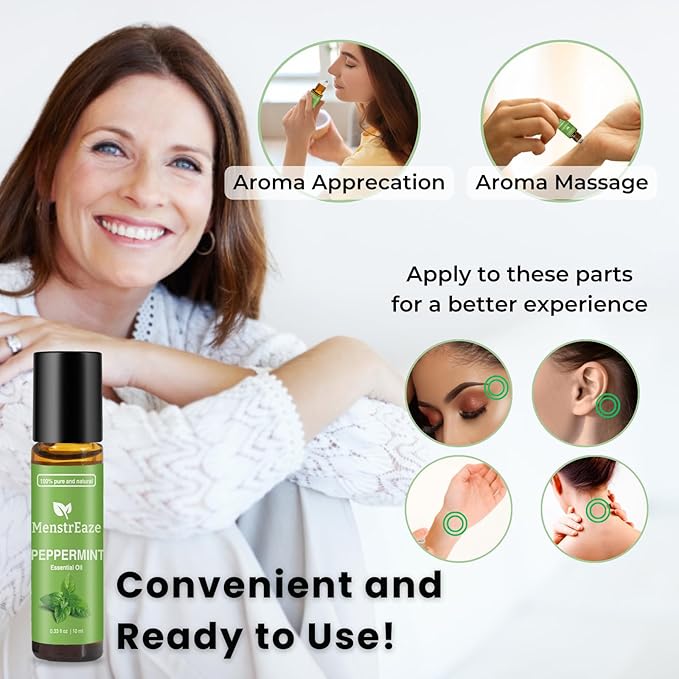 Peppermint Essential Oil Roll On, Migraine & Headache Support, High Potency, Purem Natural Oil, Blend with Sweet Almond Oil for Skin, Refreshing and Calming, Nausea Support, 10ml
