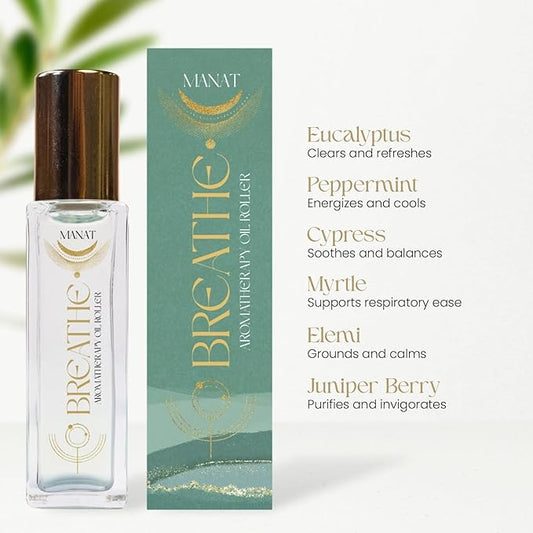 Breathe Essential Oil Roll On –100% Natural Aromatherapy – 10ml Glass Roller Ball – Clear Breathing & Respiratory Health Blend w/Eucalyptus, Peppermint & Cypress - Stress Relief, Self Care, Gift