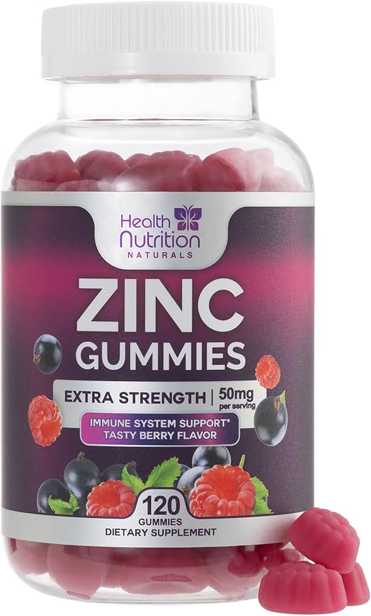 Zinc Gummy for Adults 50mg, Max Strength Bone, Skin & Immune Support Zinc Gummies, Vegan, Non-GMO & Gluten Free, Immune Health Support, Natureâs Antioxidant Chewable Zinc Vitamins - 120 Gummies