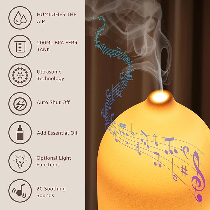 200ML White Noise Ceramic Diffuser,Sleep Sound Machine with 20 Natural Soothing Sounds, 7 Color Lights,Essential Oil Diffuser, Timer for Baby, Kids, Adults, Office, Home(White Grain)