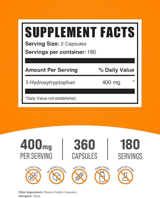 BulkSupplements.com 5-HTP Capsules - 5-Hydroxytryptophan, 5 HTP Supplement - 5-HTP 400mg, for Overall Well-Being - Gluten Free, 2 Capsules per Serving, 360 Capsules (Pack of 1)