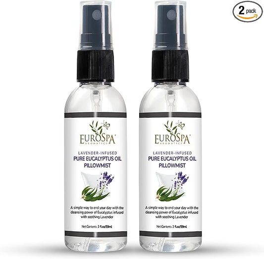 EuroSpa Aromatics Lavender-Infused Pure Eucalyptus Oil Pillow Mist Sleep Spray - Deep Sleep Pillow Spray - Lavender Bed Spray - Lavender Spray Sleep Mist - Lavender Linen Spray for Bedding - 2oz