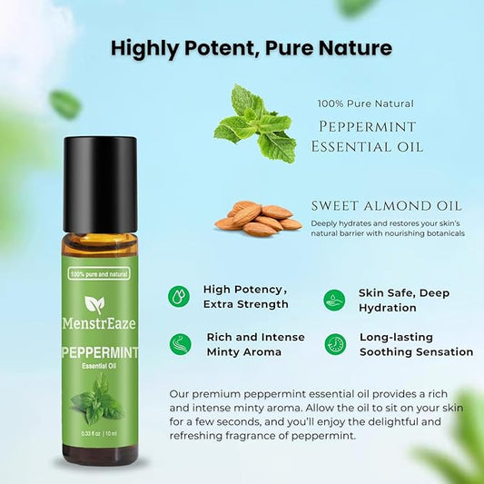 Peppermint Essential Oil Roll On, Migraine & Headache Support, High Potency, Purem Natural Oil, Blend with Sweet Almond Oil for Skin, Refreshing and Calming, Nausea Support, 10ml