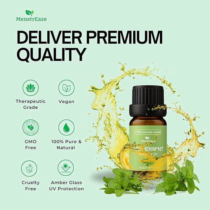 Peppermint Essential Oil Dropper Bottle, 100% Natural & Pure, Migraine & Headache Support, Skin-Safe Aromatherapy for Diffuser, Skin, Hair, Refreshing and Calming, 10ml