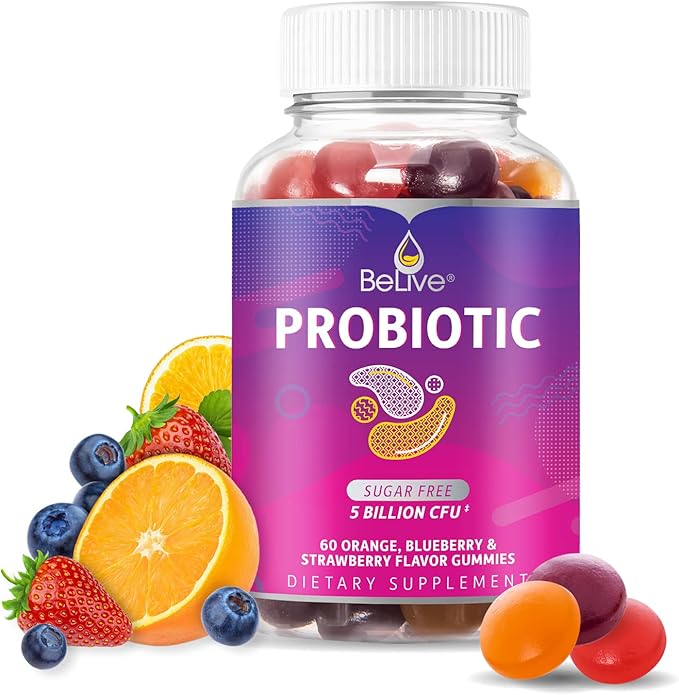 BeLive Probiotic Gummies - Probiotics with 5 Billion CFUs for Digestive Health, Men, Women & Kids - for Immune Support, Sugar Free & Vegan | 60 Ct â Blueberry, Strawberry & Orange