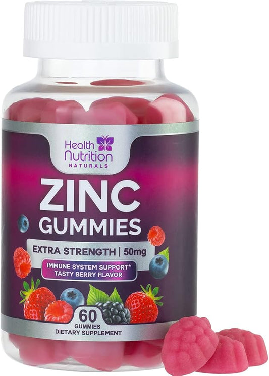 Zinc Gummy for Adults 50mg, Max Strength Bone, Skin & Immune Support Zinc Gummies, Vegan, Non-GMO & Gluten Free, Immune Health Support, Natureâs Antioxidant Chewable Zinc Vitamins - 60 Gummies