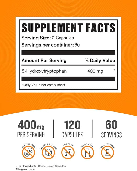 BulkSupplements.com 5-HTP Capsules - 5-Hydroxytryptophan, 5 HTP Supplement - 5-HTP 400mg, for Overall Well-Being - Gluten Free, 2 Capsules per Serving, 120 Capsules (Pack of 1)
