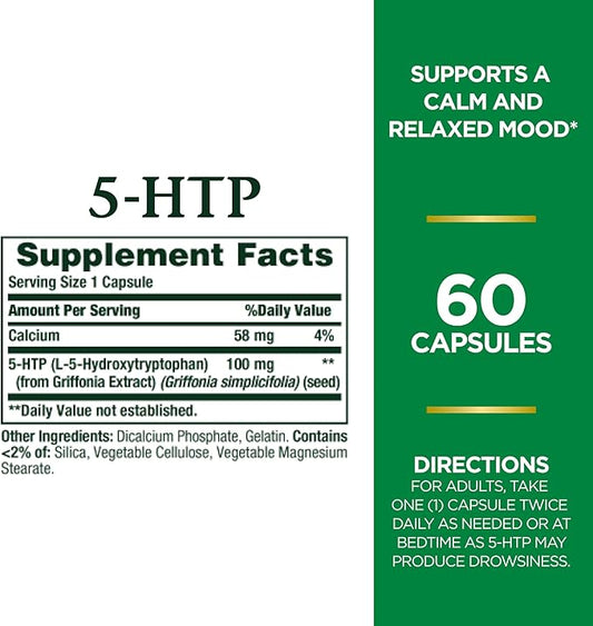 Nature's Bounty 5-HTP Pills and Dietary Supplement, Supports a Calm and Relaxed Mood, 100mg, 60 Capsules